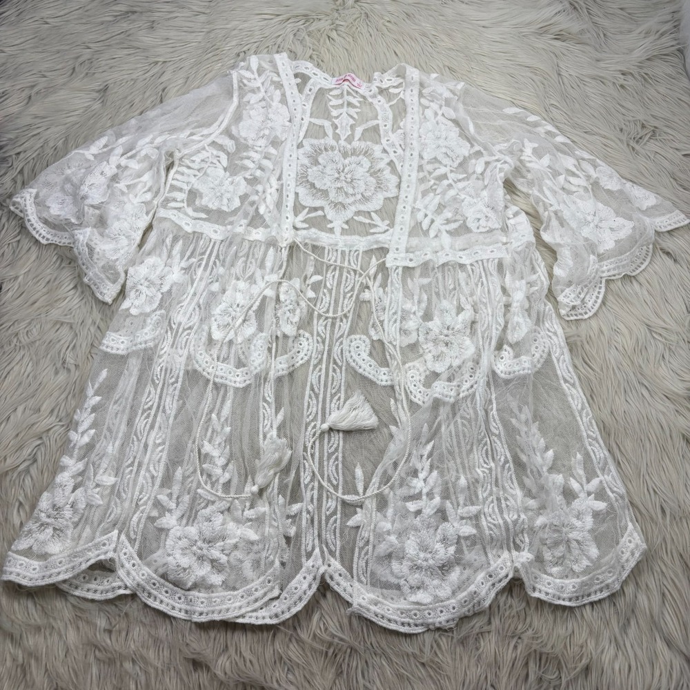 Ana & Rose Women's L White‎ Floral Embroidered Mesh Kimono Boho Bridal Coverup